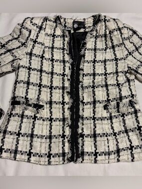 Vintage First Option Tweed Blazer Women’s Size 4 Black/White Houndstooth Fringe
